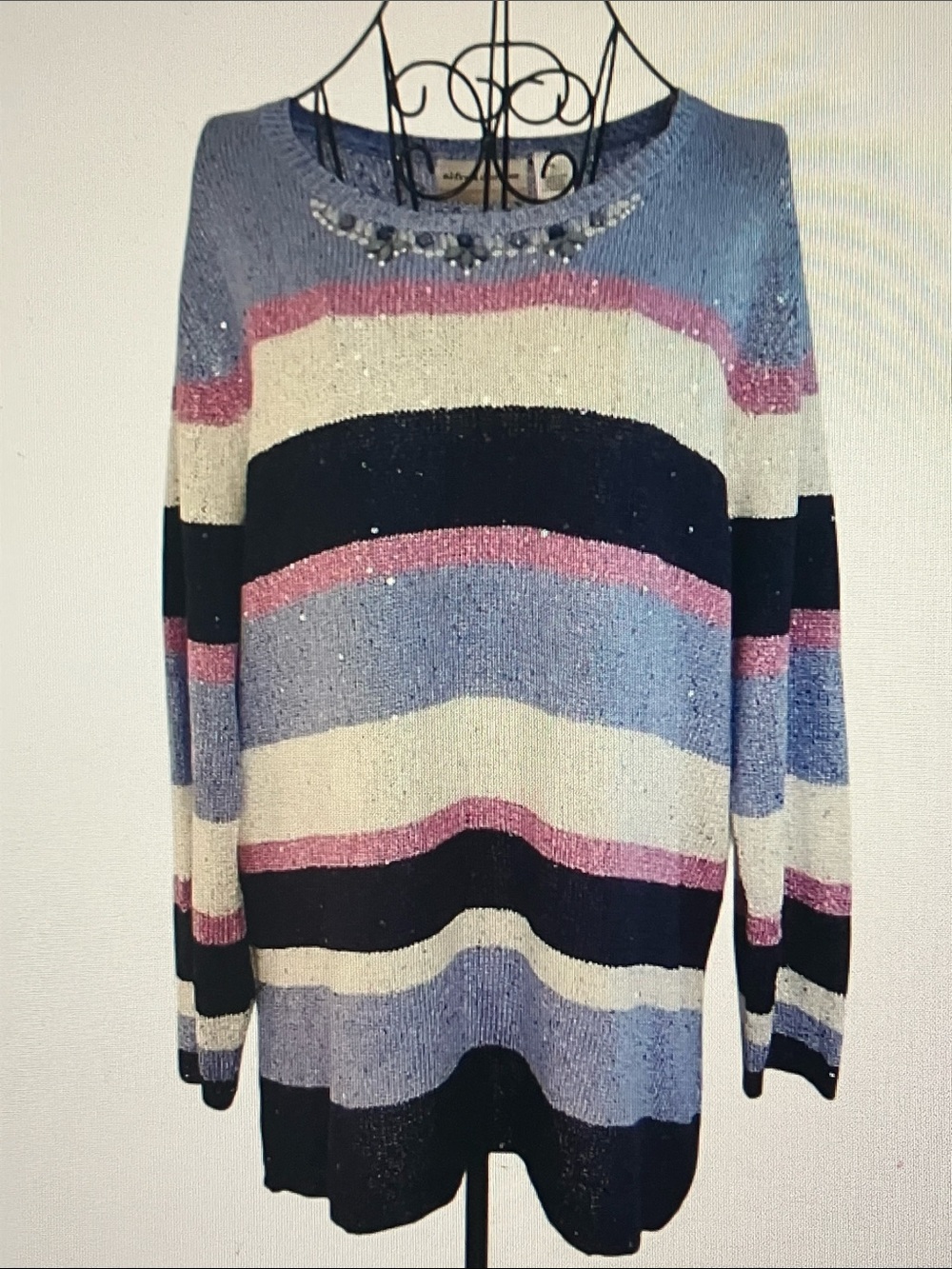 Alfred Dunner Blue Pink Cream Striped Crewneck Sweater with Neck Embellishment